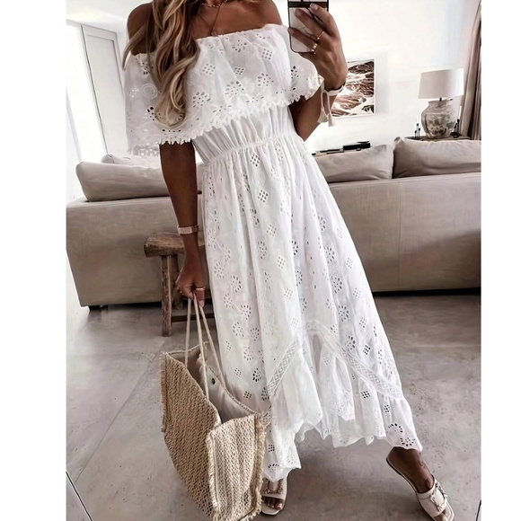 Boho White Embroidered Off Shoulder High Low Dress - Picture 3 of 3